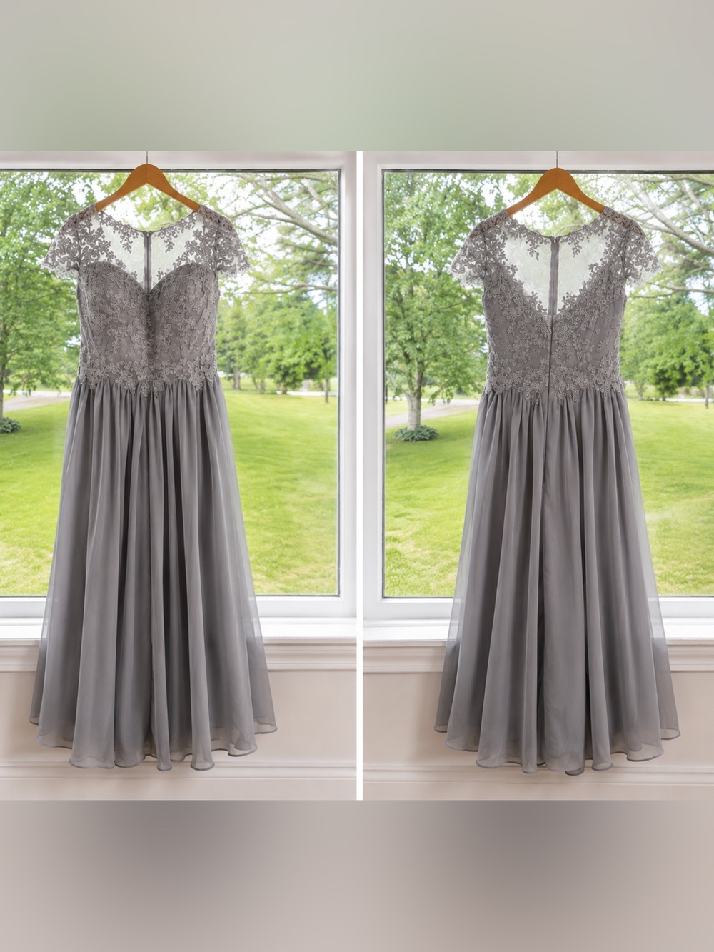 Amazon Gray Lace Bodice Off-Shoulder Wedding Dress